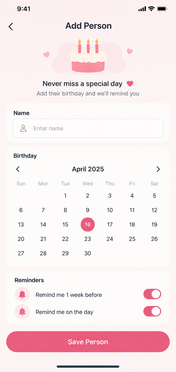 Birthday Reminder app screen 2