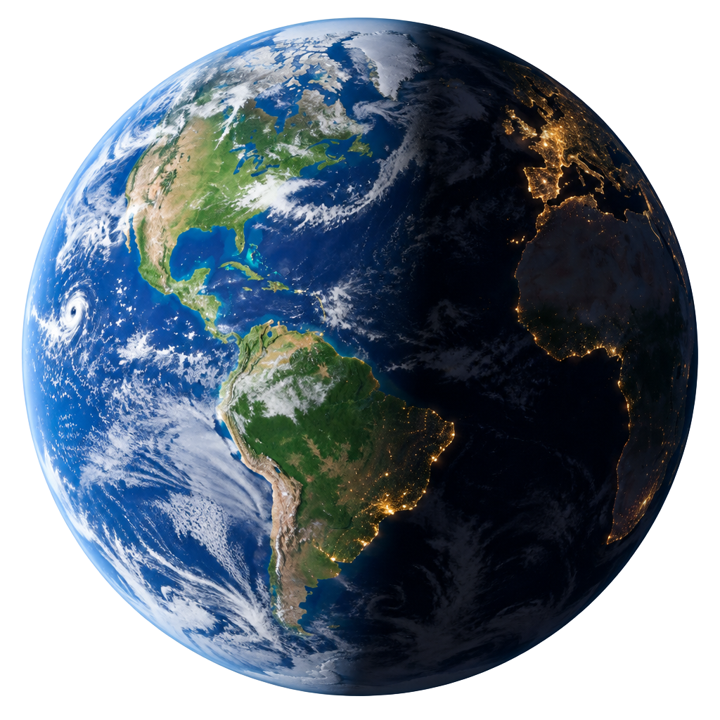 Earth seen from space, half in daylight and half lit by city lights at night